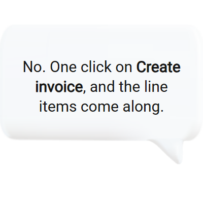 An accepted quote becomes an invoice in one click and the line items carry over.