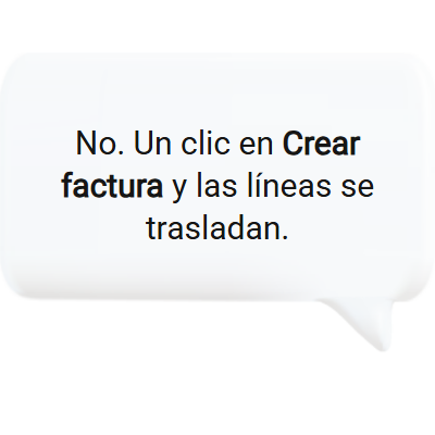 El presupuesto aceptado se convierte en factura con un clic y las líneas se trasladan.