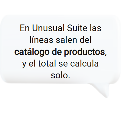 Las líneas vienen del catálogo de productos del software de presupuestos y el total se calcula solo.