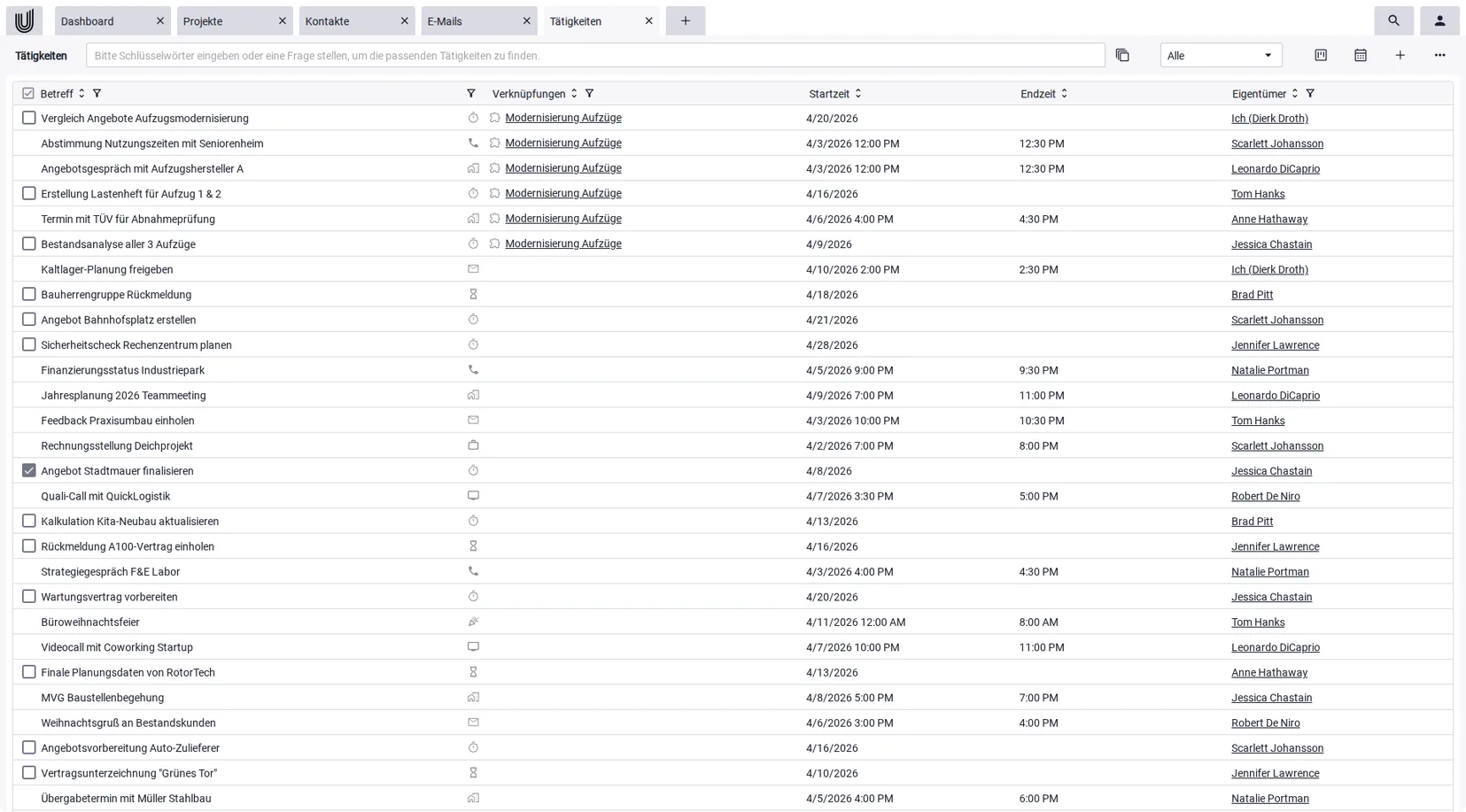 Aktivitäten mit Terminen, Verknüpfungen und Verantwortlichen in der Kontaktmanagement Software Unusual Suite.