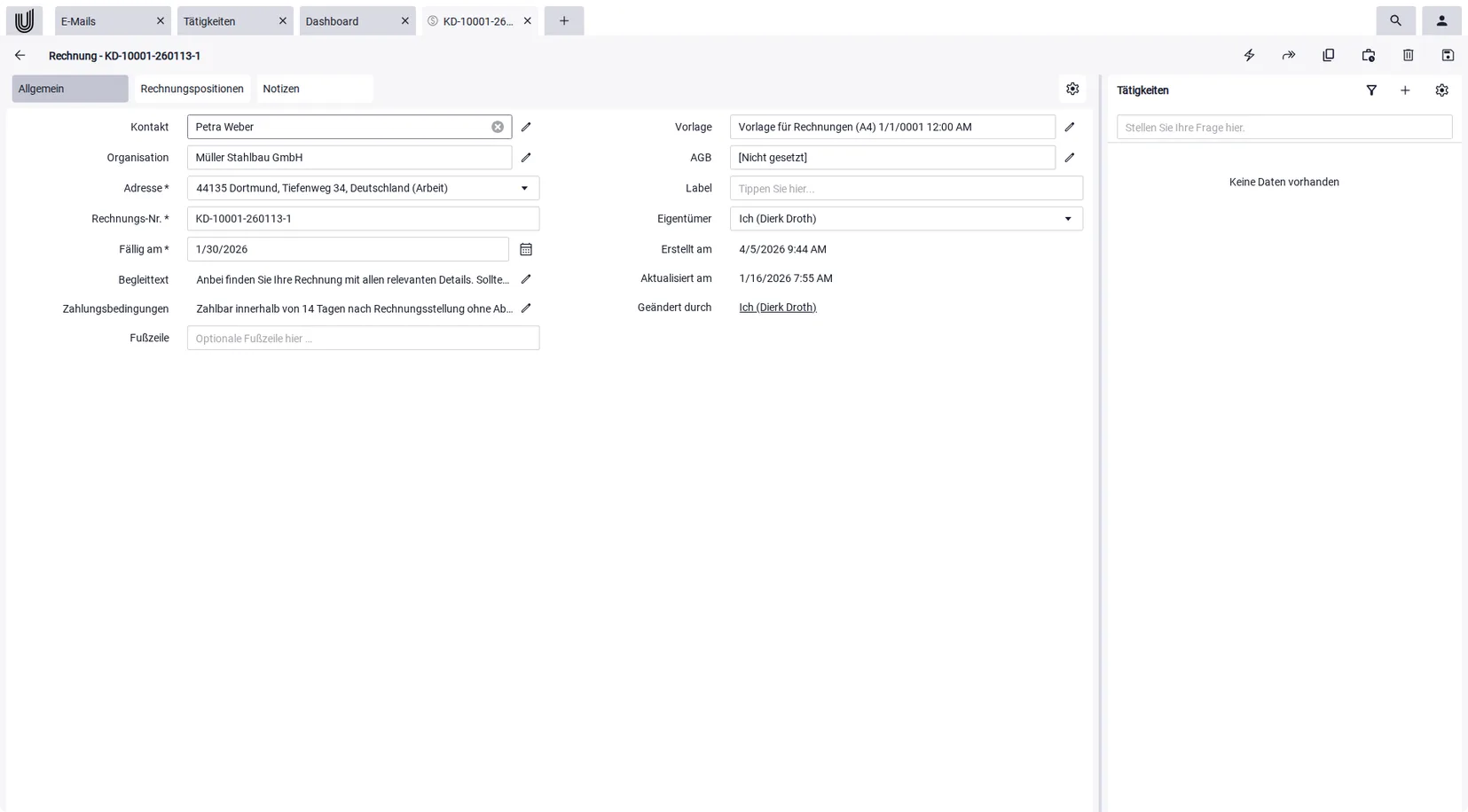 Belegdetails in der Software zur Angebotserstellung: Empfänger, Nummer, Datum und Zahlungsbedingungen.