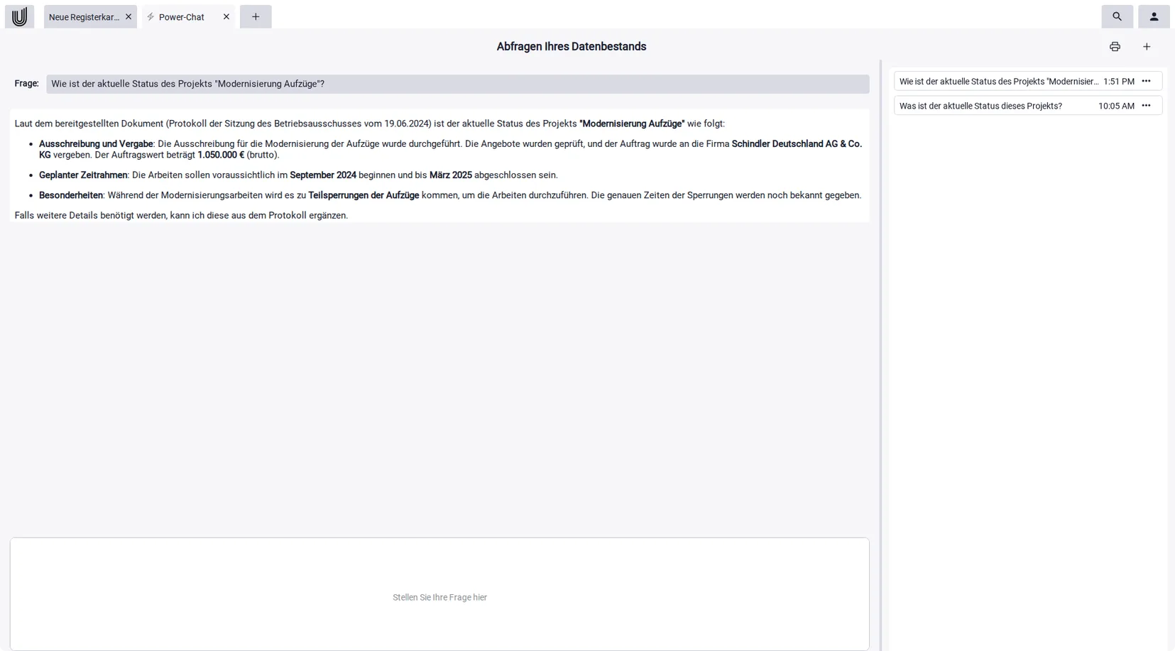 Power-Chat-KI beantwortet Fragen aus Ihren eigenen Kundendaten im CRM für Freelancer Unusual Suite.