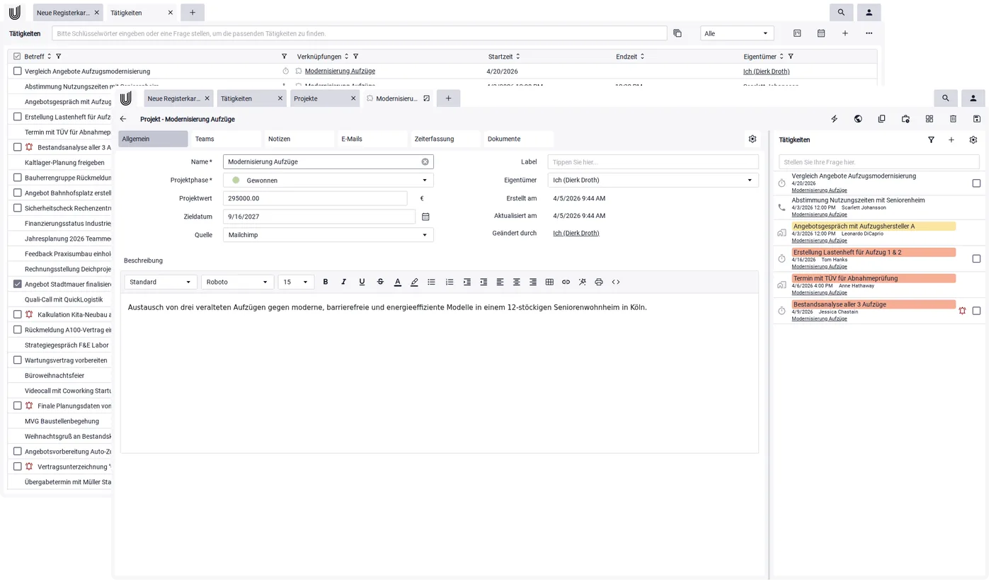 360-Grad-Übersicht eines Kunden mit Aktivitäten, E-Mails und Dokumenten im CRM für Freiberufler Unusual Suite.