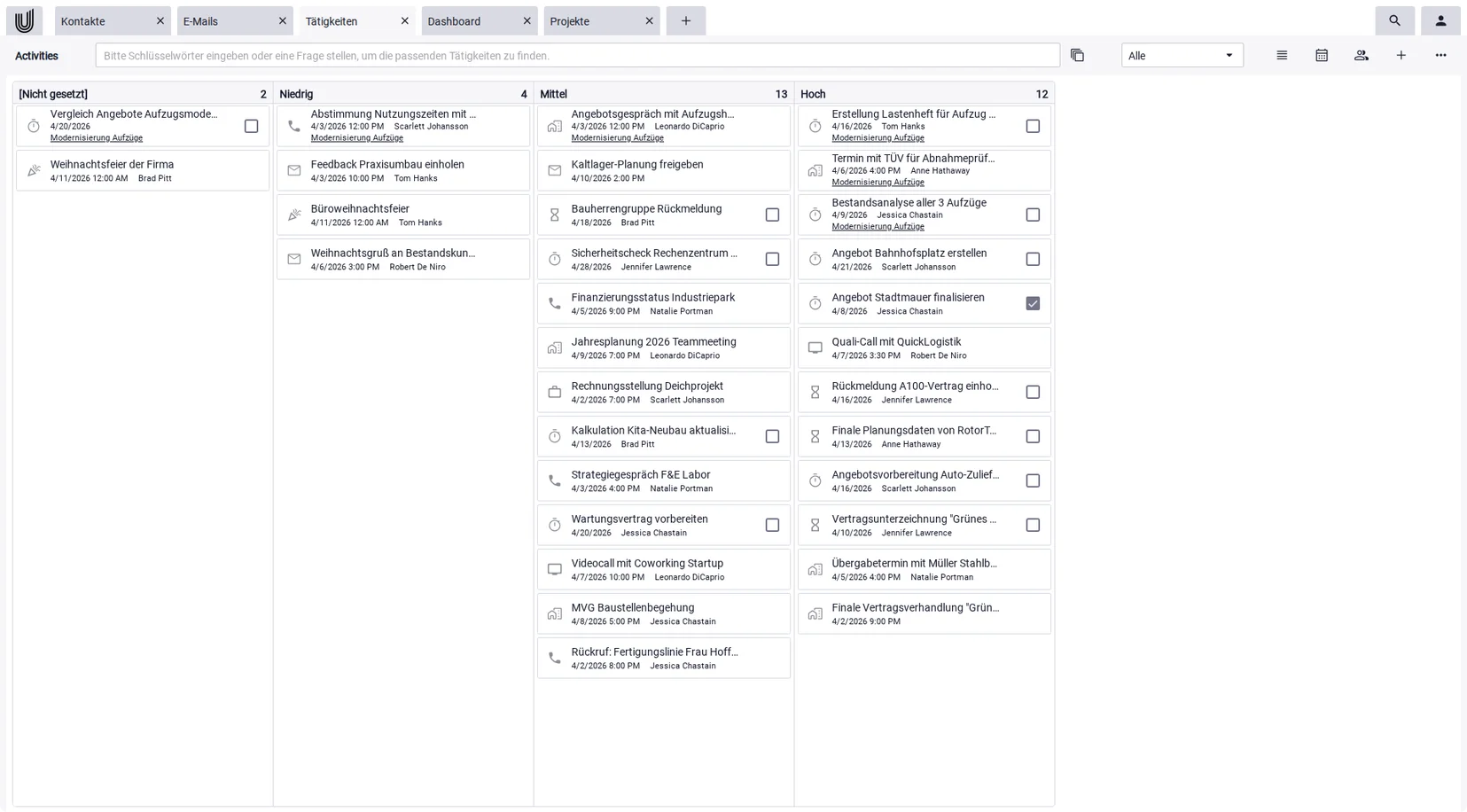 Laufende Kundenprojekte als Kanban-Board in der Software für Dienstleister Unusual Suite.