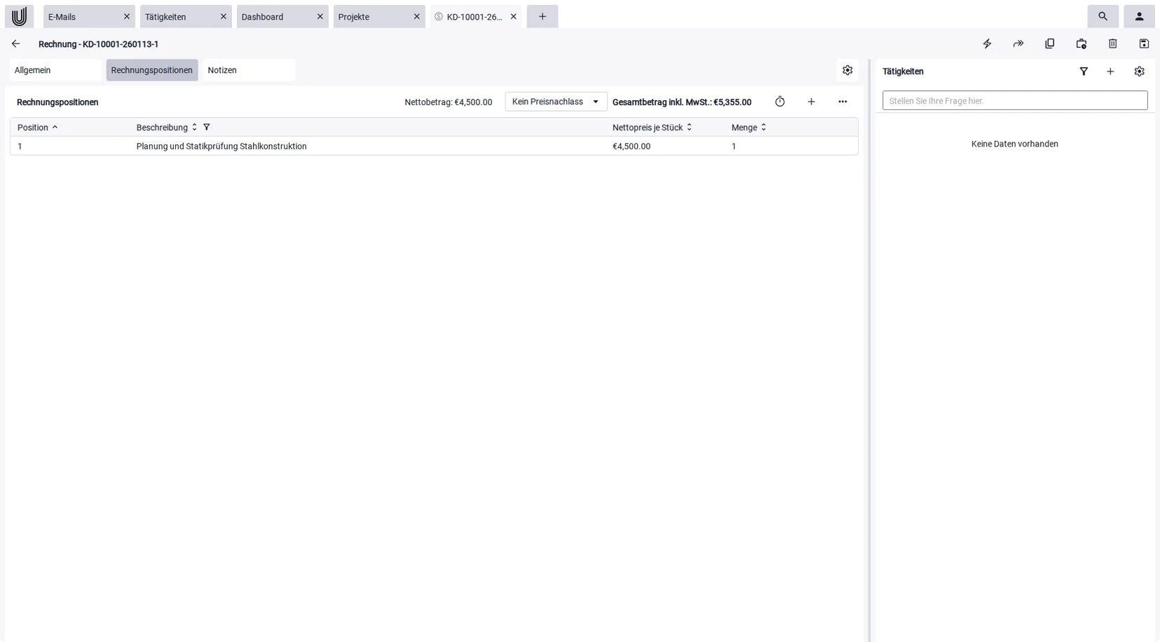 Positionen aus dem Produktkatalog in der Software für Angebote, mit automatisch berechneter Summe.