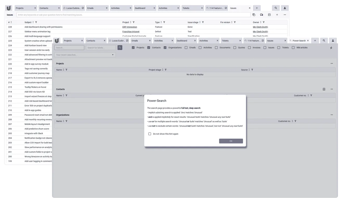 Power-Chat AI answering questions from your own client data in the CRM for freelancers Unusual Suite.