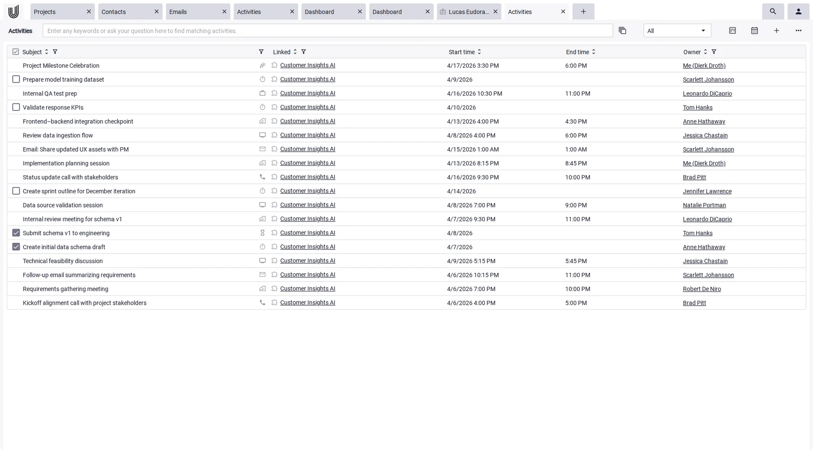 360-degree overview of a client with activities, emails, and documents in the best CRM for freelancers Unusual Suite.