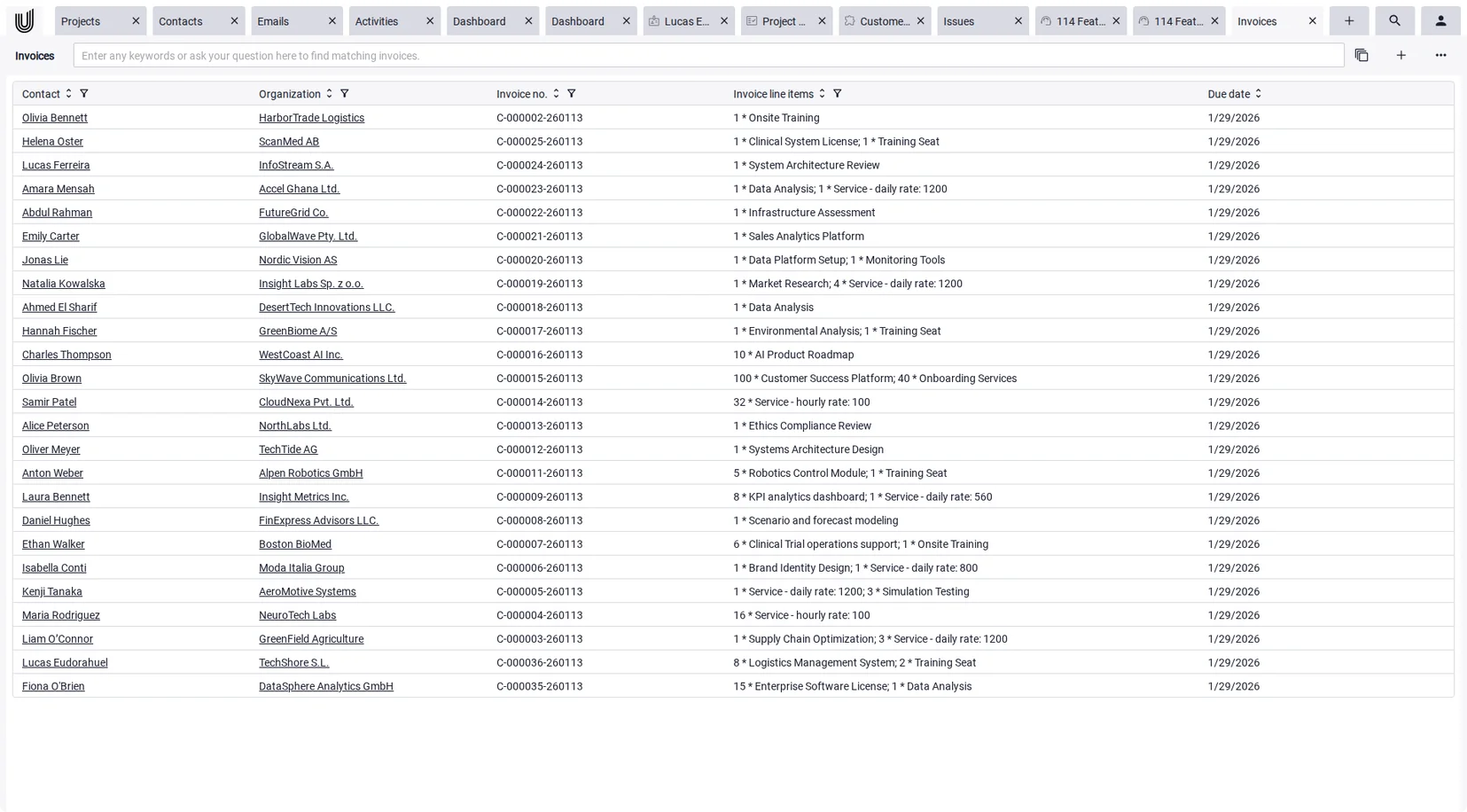 Document overview in quote management, sortable and filterable, shown here with the invoice list.