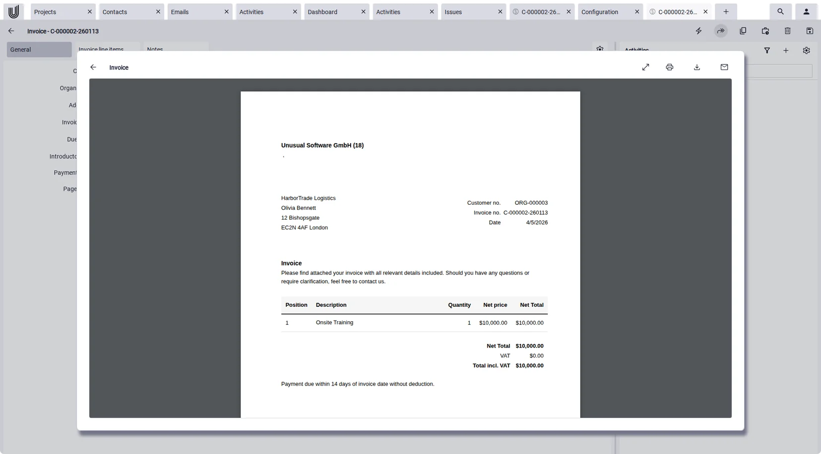 Invoice created from the quote in the quoting software, with the line items carried over.