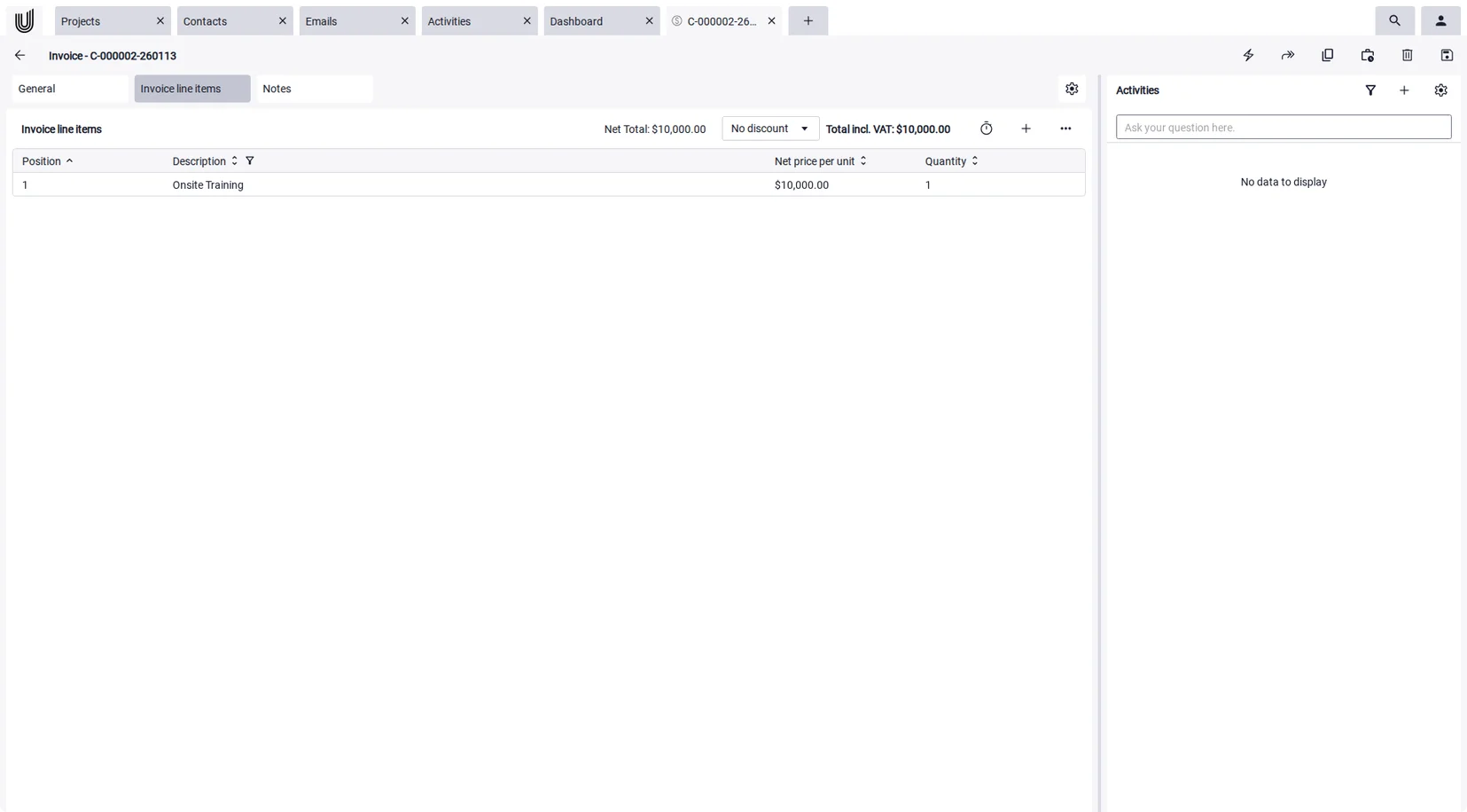 Line items from the product catalog in the proposal software, with the total calculated automatically.