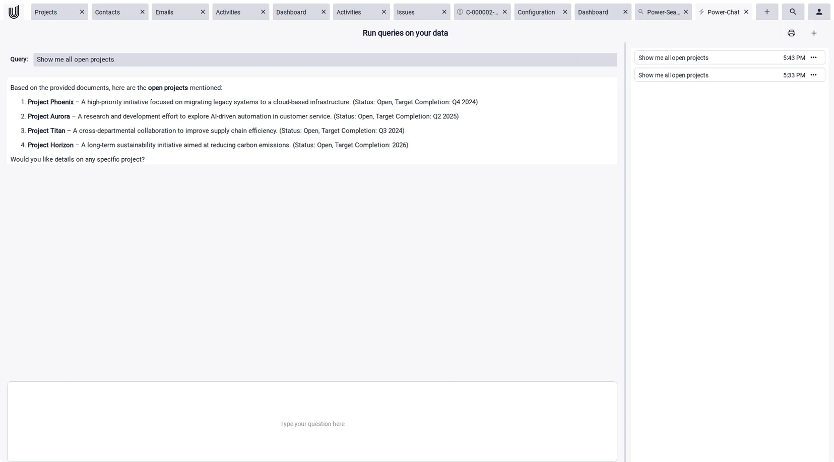 Knowledge base software: Power-Chat answers a question with sources from wiki articles.
