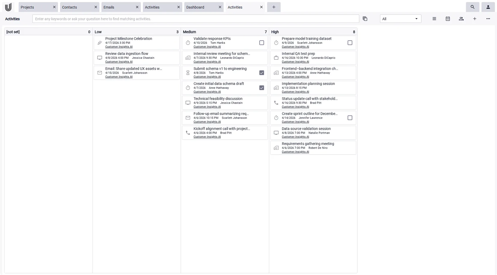 Active client projects on a Kanban board in Unusual Suite professional services project management software.