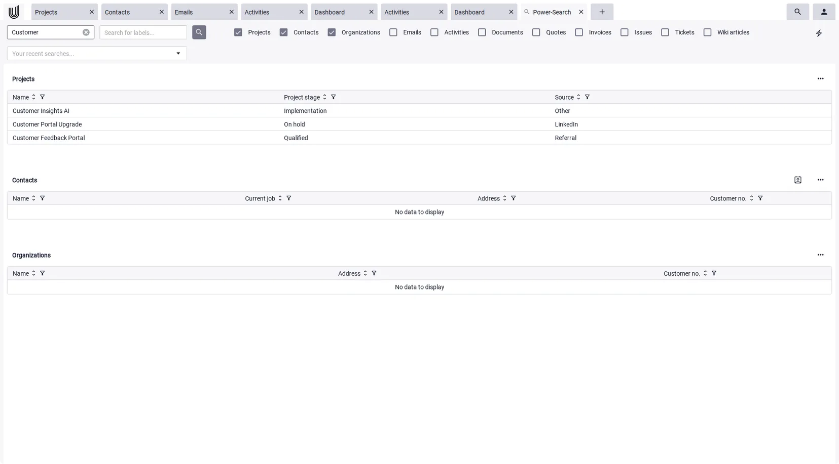 Power-Search scans wiki articles, documents, and emails in the knowledge base software in a single query.