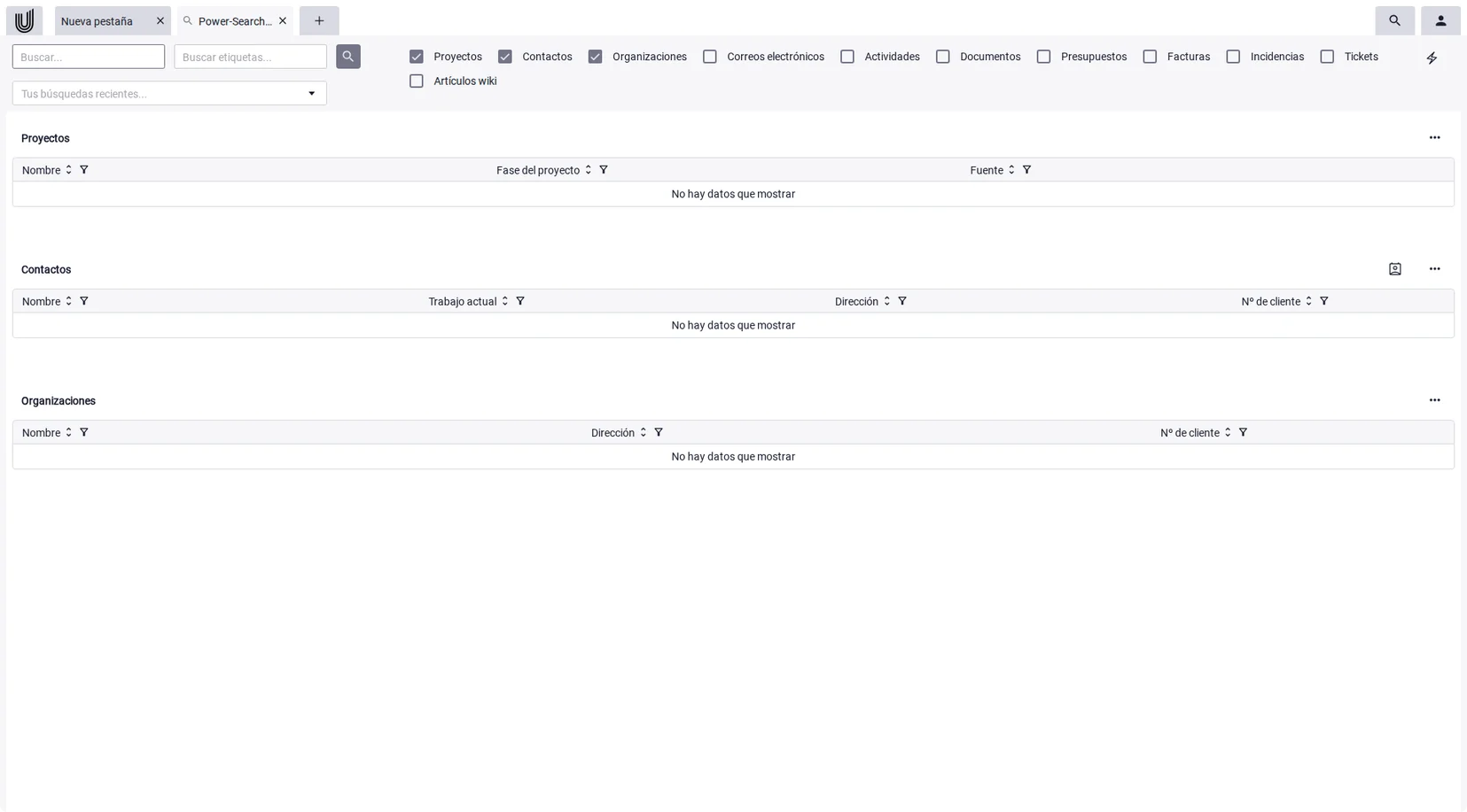 Power-Search recorre artículos wiki, documentos y correos de la base de conocimiento en una sola consulta.
