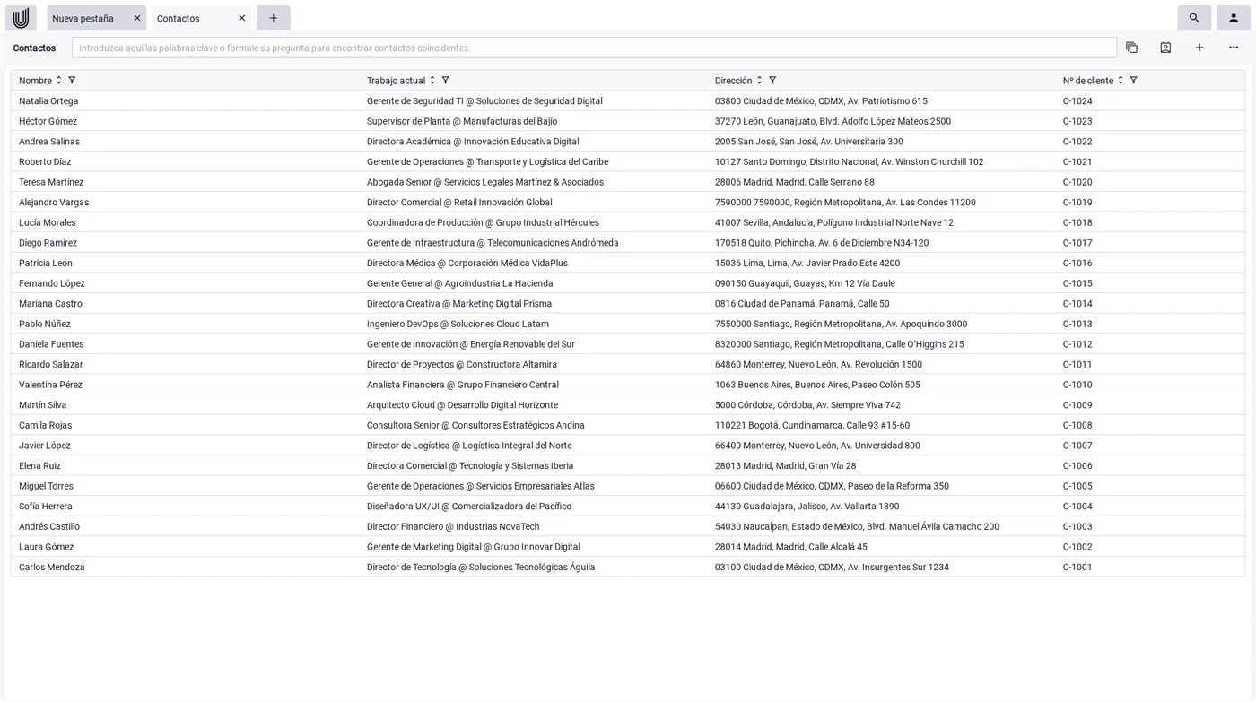 Vista central de contactos con nombre, organización y datos de contacto en el CRM para freelancers Unusual Suite.