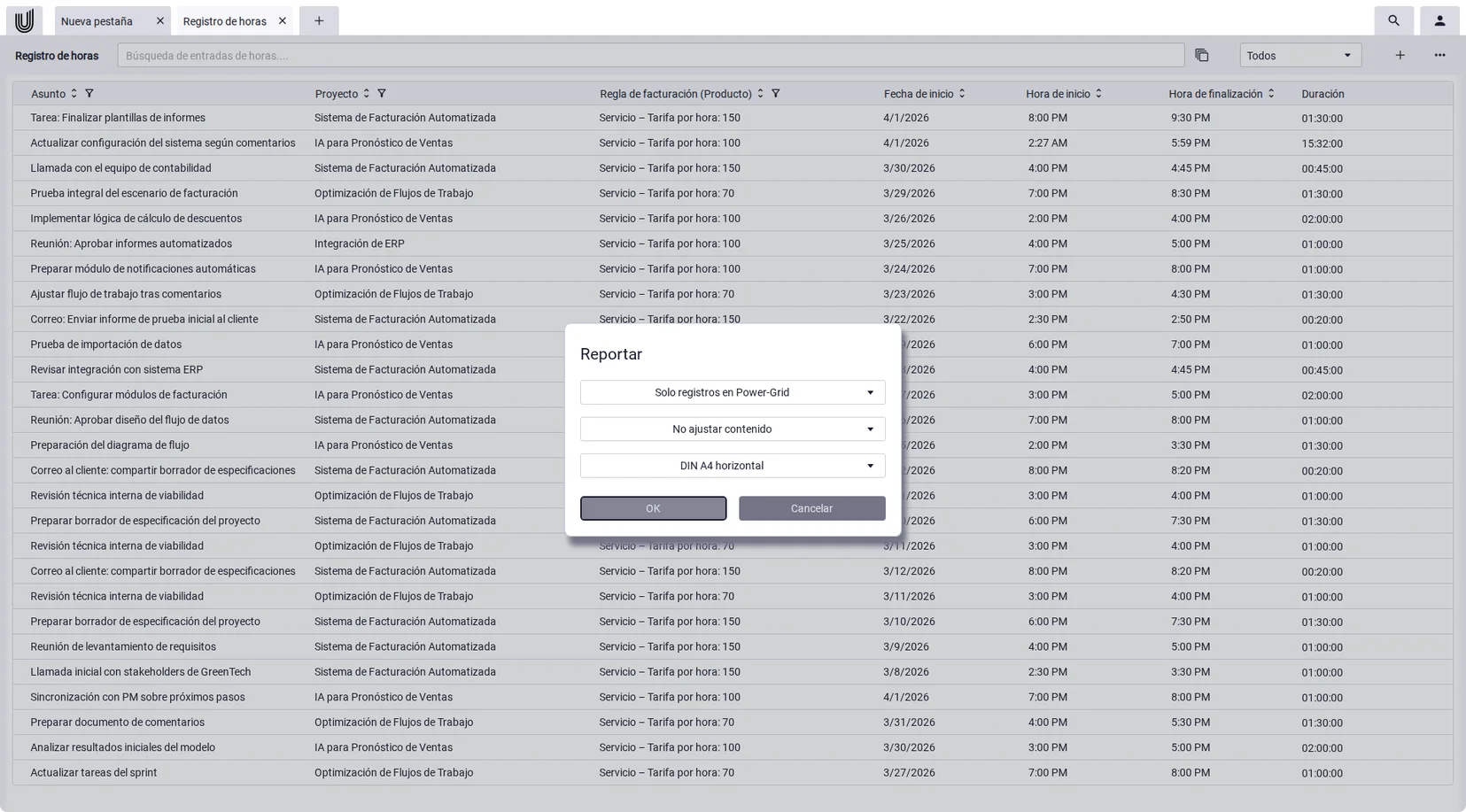 Software de control de horas: informe de tiempo por proyecto en Unusual Suite.