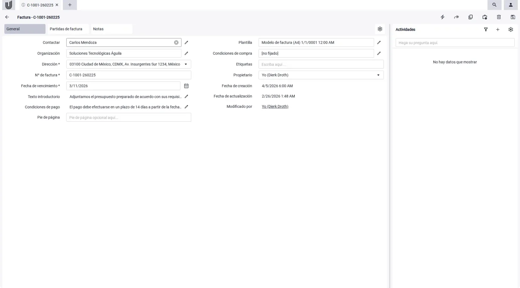 Crear una factura directamente desde el contacto de un cliente en el CRM para autónomos Unusual Suite.
