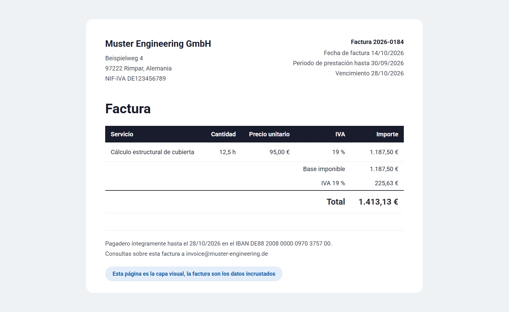 Página visible de una factura ZUGFeRD de ejemplo de una oficina de ingeniería por 1.413,13 euros con línea, impuesto e importe total