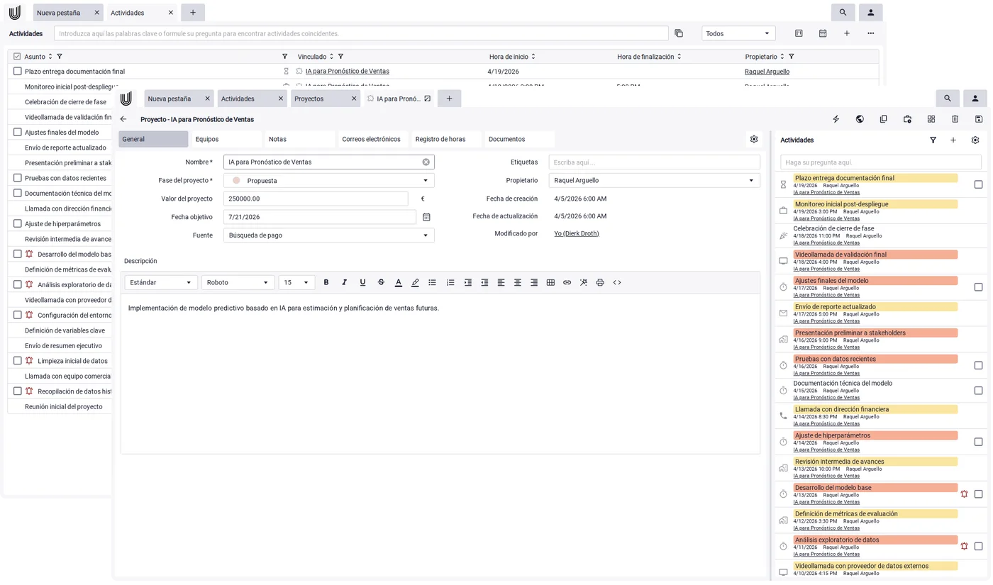 Vista de 360 grados de un cliente con actividades, correos y documentos en el mejor CRM para freelancers Unusual Suite.