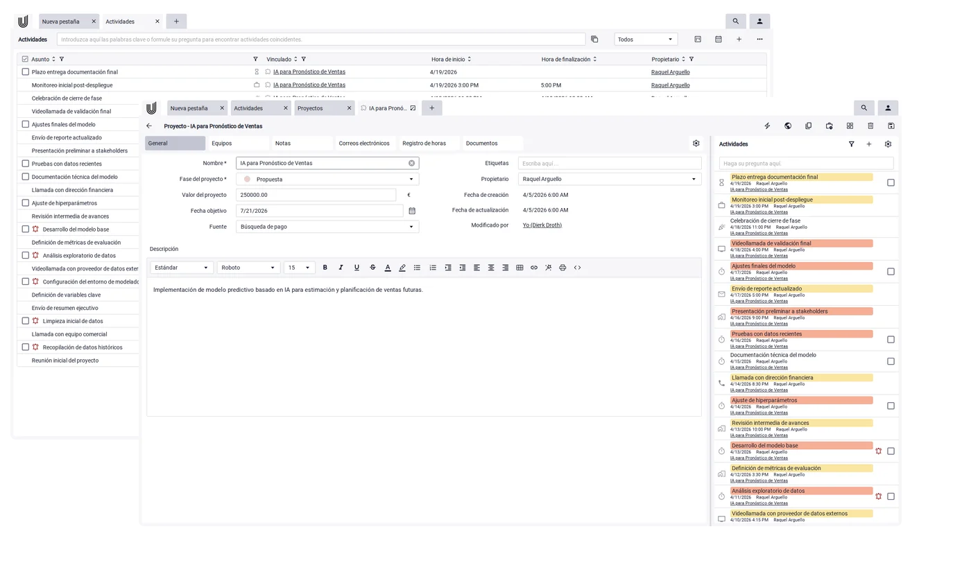 Vista central del cliente con contactos y proyectos en el CRM para empresas de servicios de Unusual Suite.