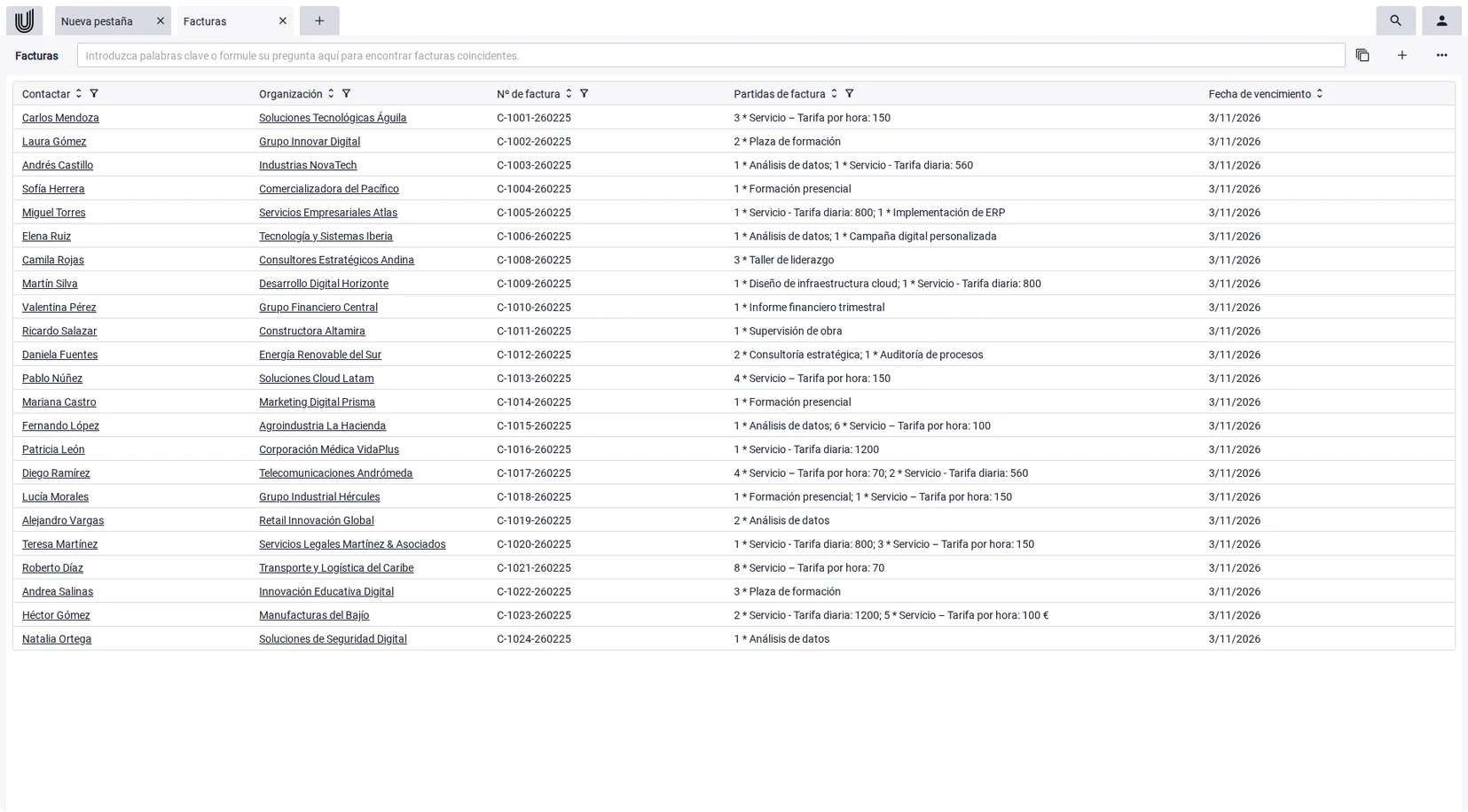 Vista general de documentos en el software de presupuestos, se puede ordenar y filtrar.