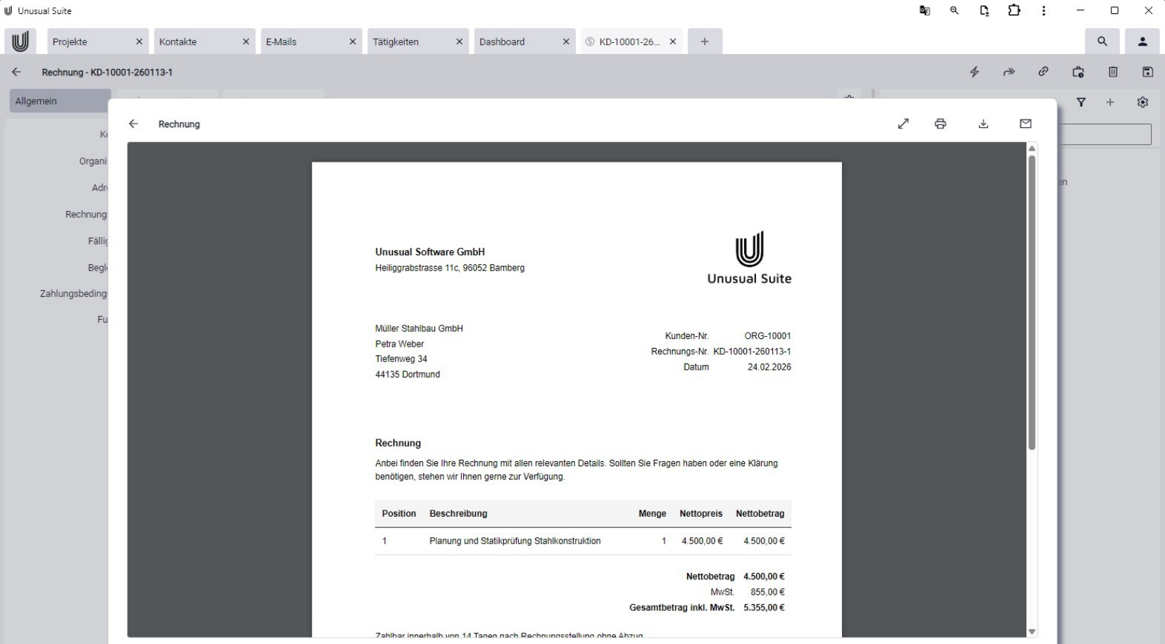 Vorschau der Rechnung in der Rechnungssoftware.
